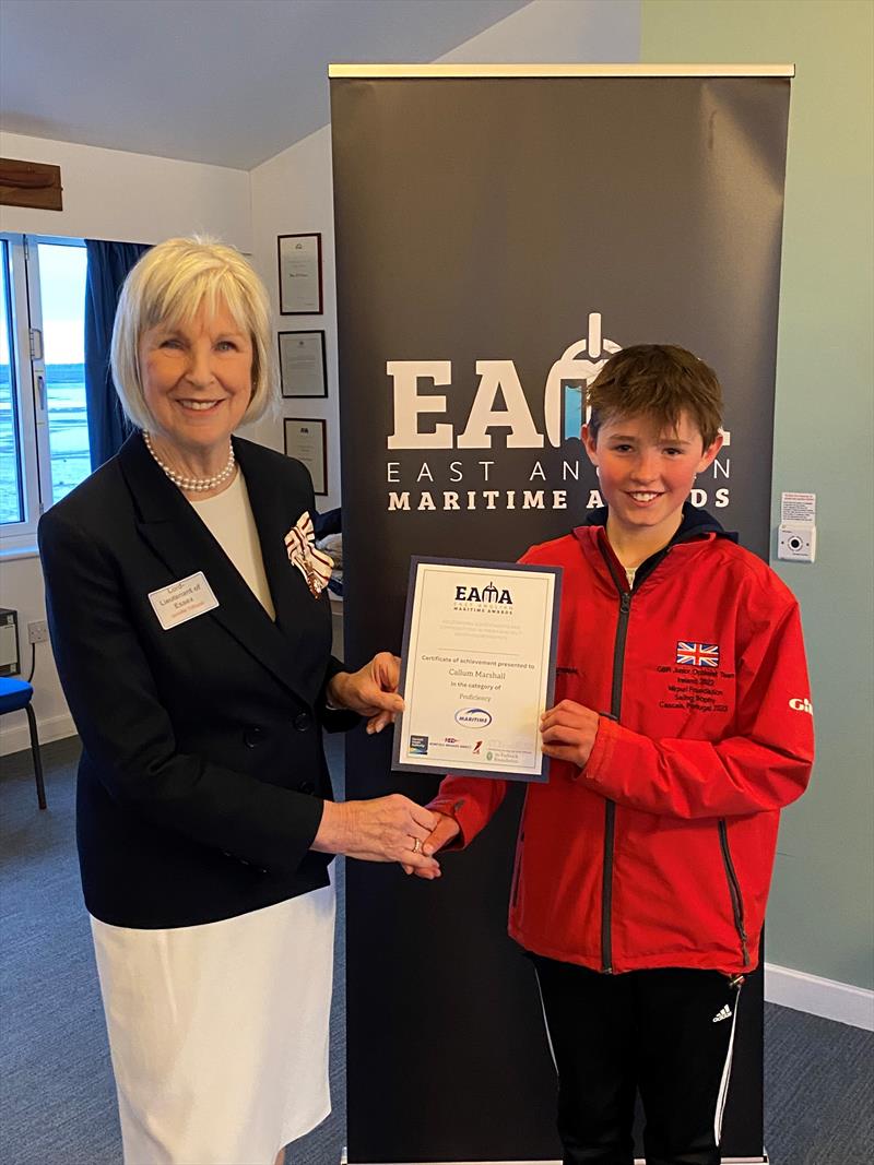 Jenny Tolhurst presents Callum Marshall with an East Anglian Maritime Award photo copyright Claire Scott taken at Blackwater Sailing Club