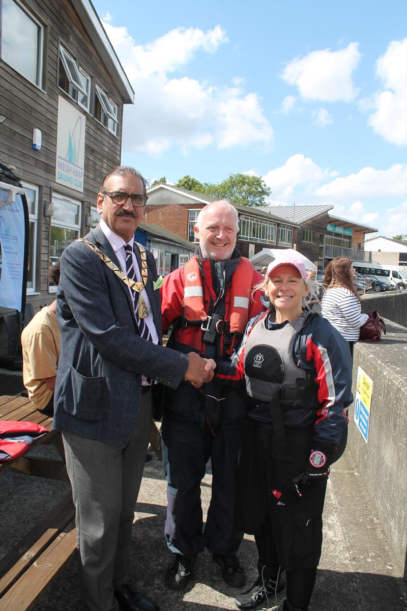 Brent Regatta 2024: Meet and greet. Mayor of Brent Tariq Dar is welcomed by Chair of WHSA Manfrd Starkl & WHSC Commodore Liz Guest photo copyright Anita Whittaker, Welsh Harp Sailing Club taken at Welsh Harp Sailing Club