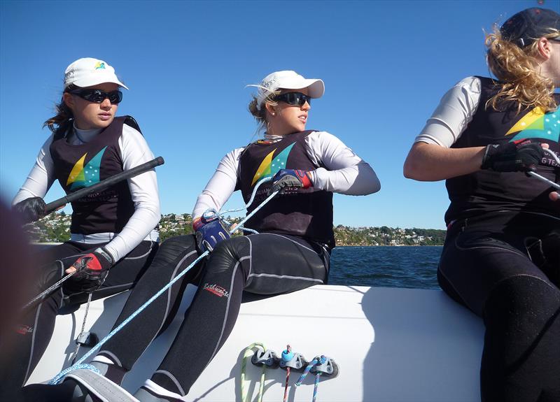 Katie Spithill with the tiller, Jessica Eastwell on main, and Olivia Price bow. This crew qualified Australia for the Elliot 6 for London 2012 photo copyright Mick Miller taken at 