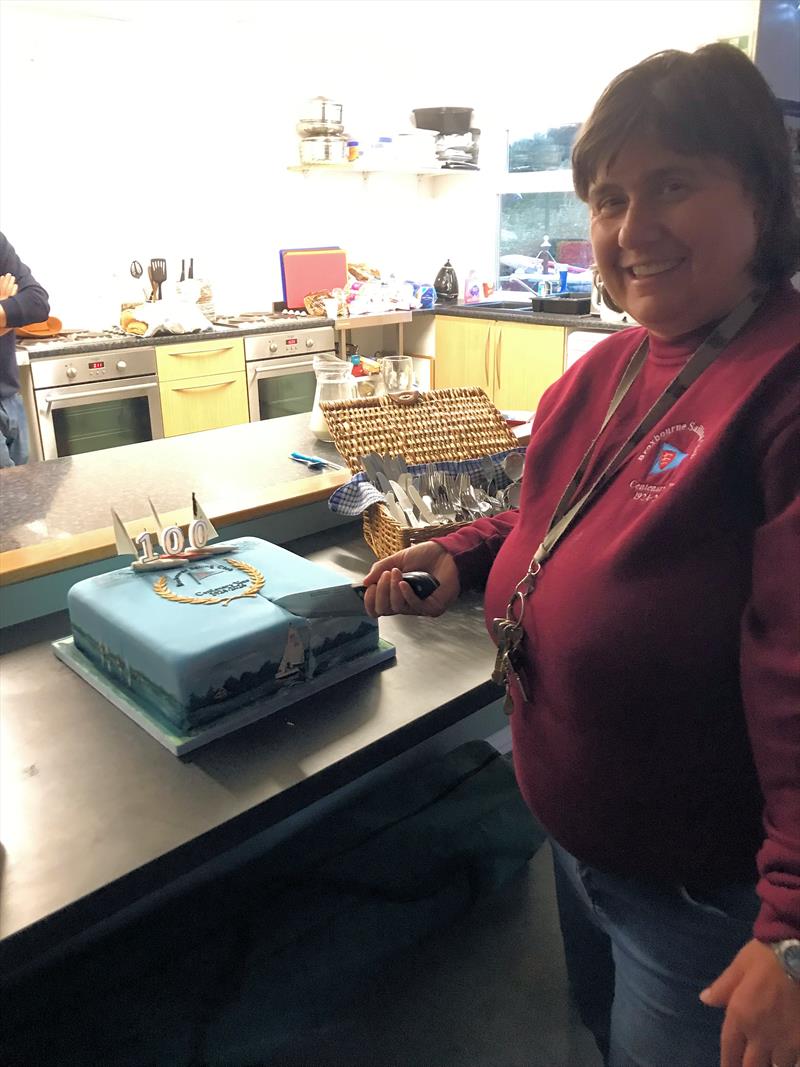 Broxbourne Centenary: Sarah Samiotis cutting the centenary cake photo copyright Peter Selway taken at Broxbourne Sailing Club