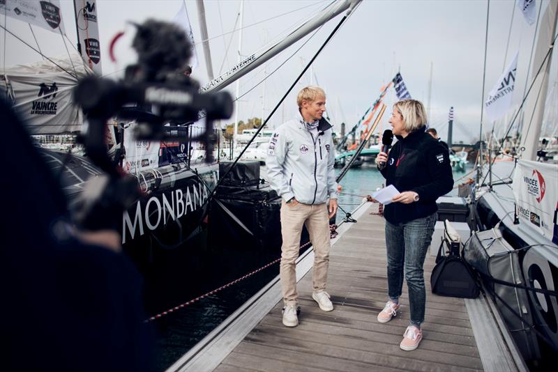 Maxime Sorel (FRA) is being interviewed by media during the Vendee Globe - photo © Anne Beaugé / Alea / VG24