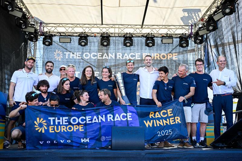 Winners Biotherm, skippered by Paul Meilhat, and crew onstage with Milojko Spajic, PM of Montenegro at The Ocean Race Europe Official Public Prize Giving in Tivat, Montenegro on September 21 - photo © Vincent Curutchet / The Ocean Race Europe 2025