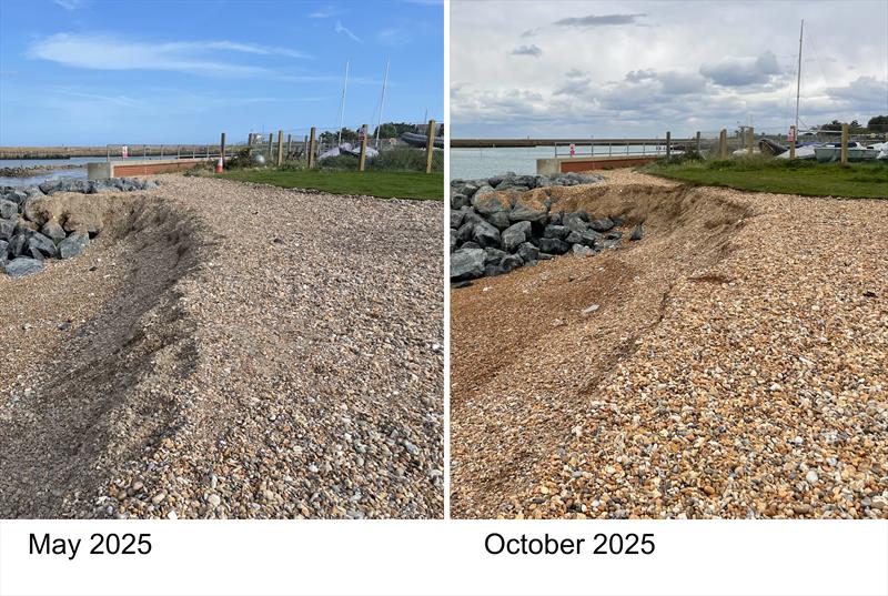 Flood defences at Soldiers' Point - May 2025 compared to October 2025 photo copyright Shoreham SC taken at Shoreham Sailing Club