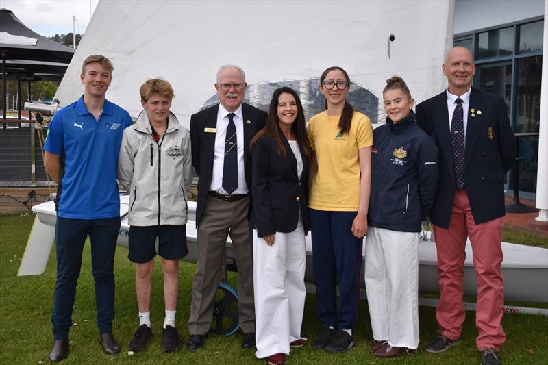L-R: Nick Jones (ILCA sailor), Cameron Underwood (Optimist sailor), RYCT Commodore Nick Hutton, the Honourable Jane Howlett MP, Minister for Tourism, Hospitality and Events, Cordelia Davey, Indy Cooper and Nick Rogers  - photo © Jane Austin