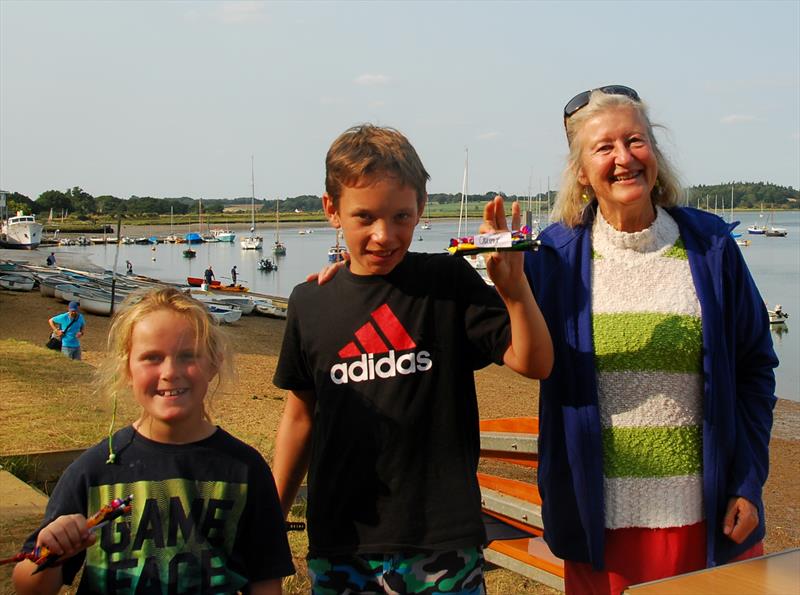 Waldringfield Bottle Boat Championship - Helen & Oliver receive their prizes from Celia Mason photo copyright Linda Price taken at Waldringfield Sailing Club and featuring the Model Yachting class