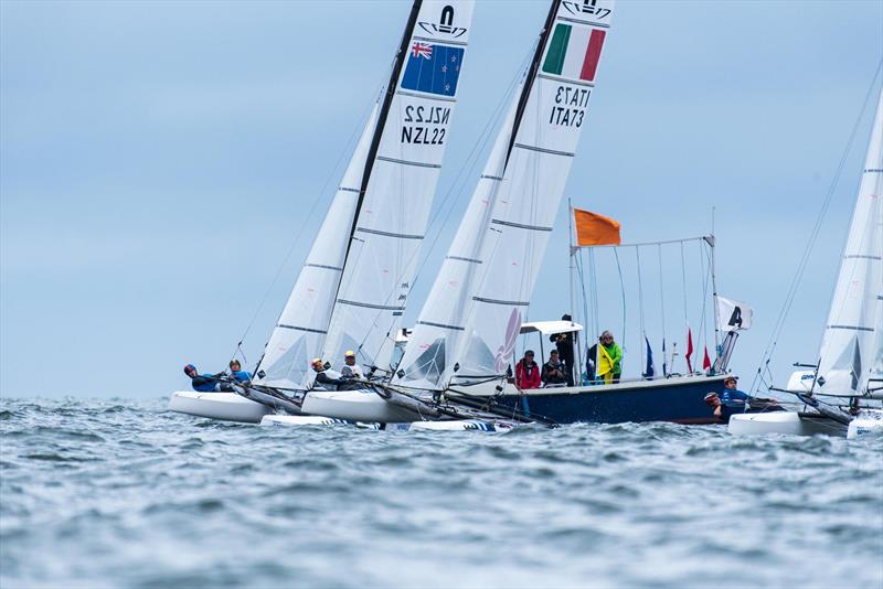 Left - Jason Saunders and Gemma Jones (NZL-22 ) - Final day - Nacra 17 Europeans, Gdynia, Poland photo copyright Drew Malcom www.drewmalcolm.com.au taken at  and featuring the Nacra 17 class