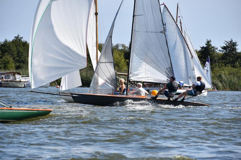 Norfolk Punt 'Jackdaw' threading the needle between BODs - Barton Regatta - photo © Trish Barnes