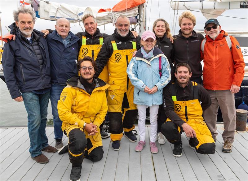 Translated 9 IT (09), formerly known as ADC Accutrac, is warmly welcomed by Clare Francis MBE and her crew to relive the 1977 Whitbread Race under its new name, Translated 9 - photo © Translated 9 / OGR2023