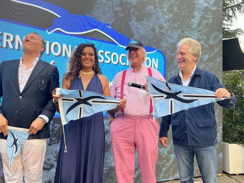 Jussi Paavoseppä (Spirit of Helsinki), Marie Tabarly (Pen Duick VI) and Jean d'Arthuys (Triana) receive their Cape Horner burgees photo copyright Marco Ausderau / OGR2023 taken at  and featuring the Ocean Globe Race class