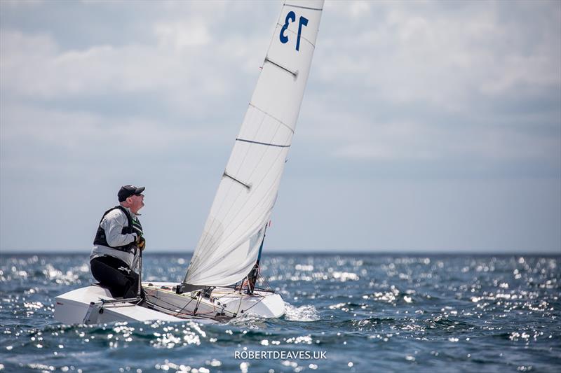 OK Dinghy Worlds Day 4 - James Dyas, GBR photo copyright Robert Deaves / www.robertdeaves.uk taken at Lyme Regis Sailing Club and featuring the OK class