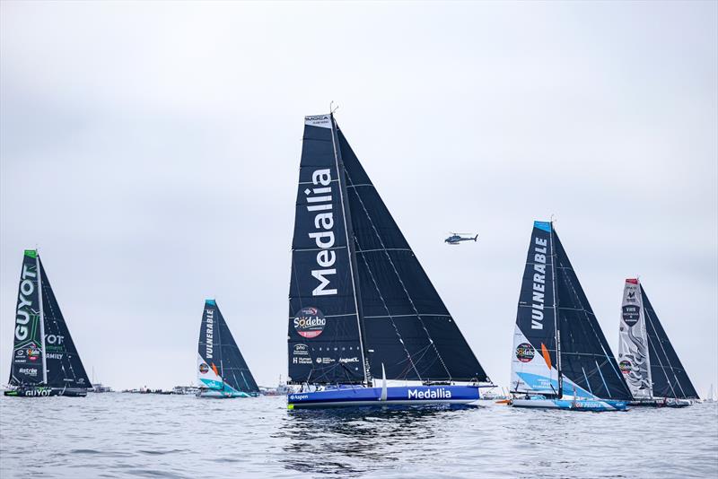 Pip Hare - Medallia and Sam Goodchild  - Vulverable - Start Vendee Globe - Les Sables d'Olonne - IMOCA60 - November 10, 2024 - photo © Lloyd Images / Alea