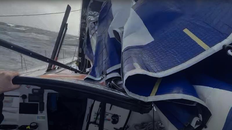 Antoine Cornic (Human Immobilier) has suffered sail track damage and will seek shelter from the 60kt winds photo copyright Antoine Cornic (Human Immobilier) taken at Yacht Club de France and featuring the IMOCA class