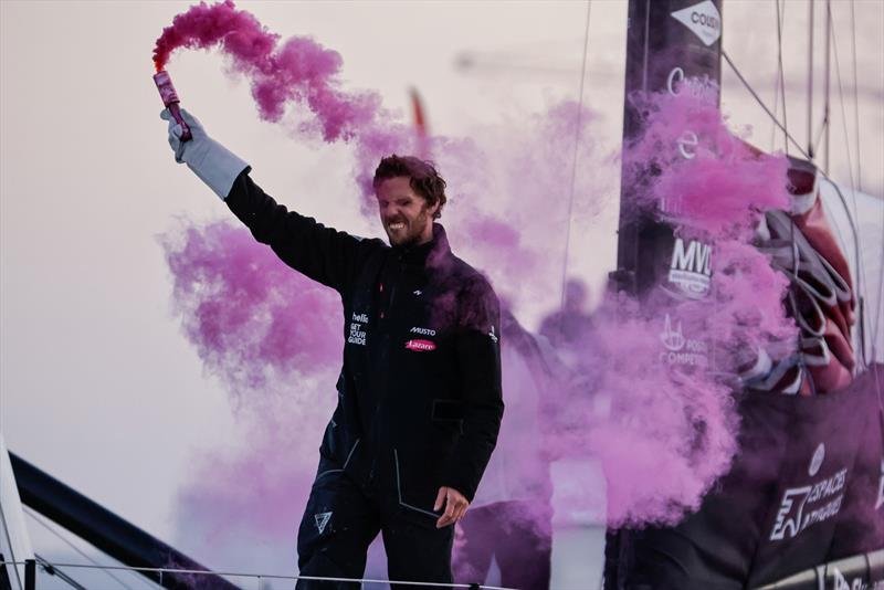 Tanguy Le Turquais celebrating after taking 17th place in the Vendée Globe - photo © Anne Beauge