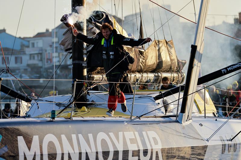 Benjamin Ferré celebrating after taking 16th place in the Vendée Globe - photo © Anne Beauge