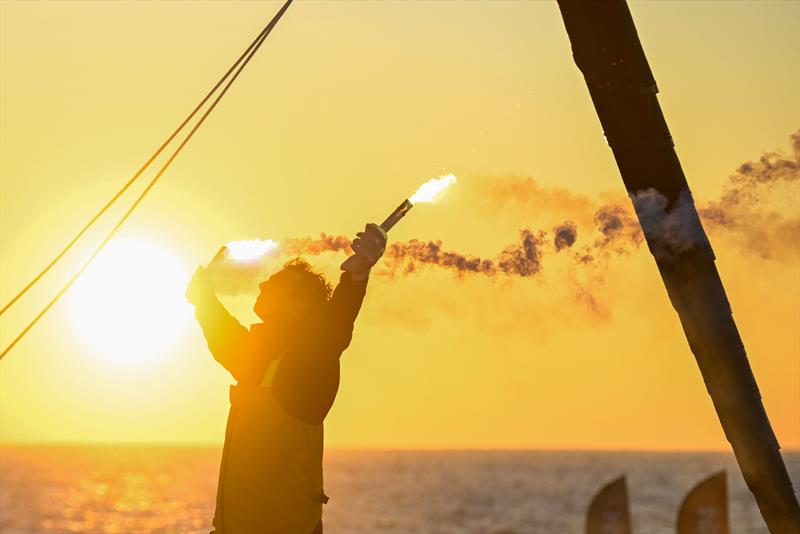 Charlie Dalin (FRA) celebrating with flares after winning the Vendée Globe - photo © Jean-Louis Carli / Alea / Vendée Globe