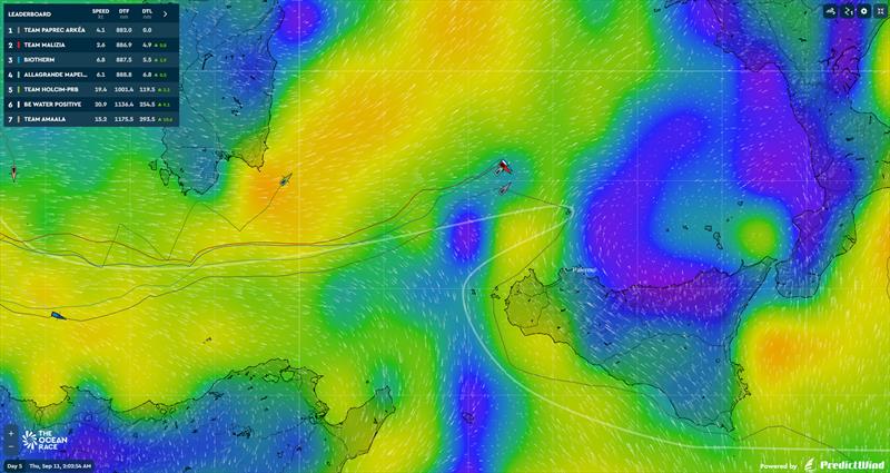 Paprec Arkea is expected to be the first to round Ustica - Leg 5 - Day 4 - The Ocean Race - Sept 10, 2025 photo copyright Predictwind.com taken at Circolo della Vela Sicilia and featuring the IMOCA class