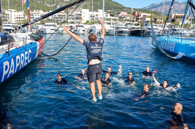 Julien Champolion, onboard reporter of Team Paprec Arkea, celebrates the end of The Ocean Race Europe in Boka Bay, Montenegro on September 20 - photo © Lloyd Images / The Ocean Race Europe 2025