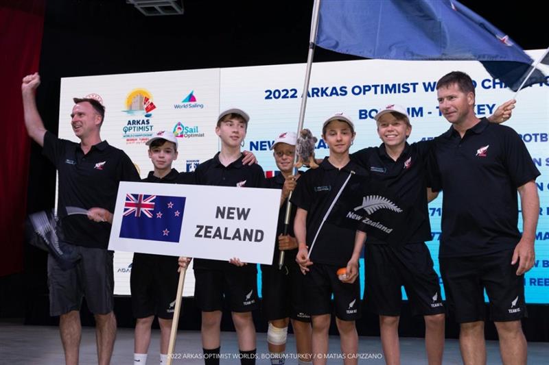 NZ Optimist Team at the Opening Ceremony, 2022 Optimist Worlds, Bodrum, Turkey, July 2022 photo copyright Matías Capizzano taken at  and featuring the Optimist class