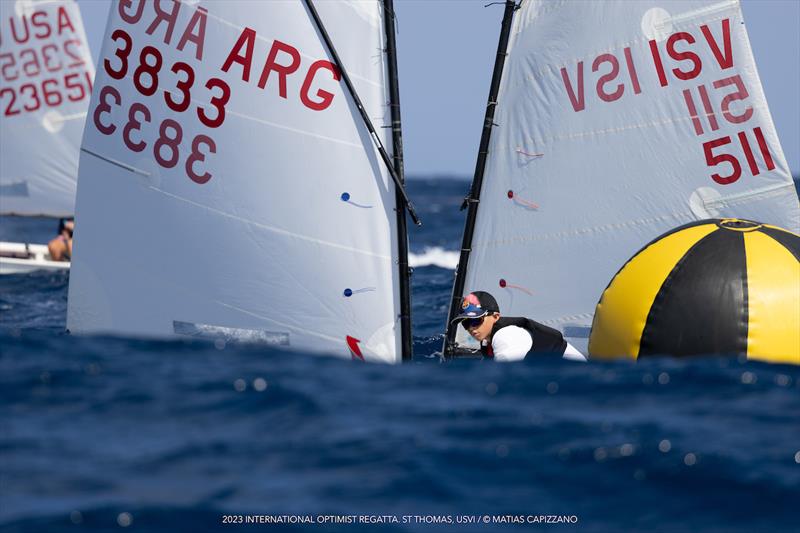 31st International Optimist Regatta - St. Croix's Bailey Meluski rounds a mark photo copyright Matias Capizzano taken at St. Thomas Yacht Club and featuring the Optimist class