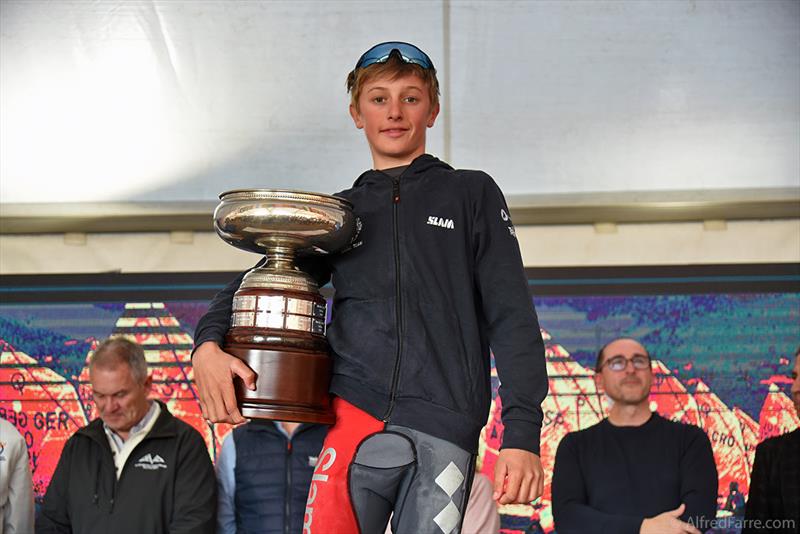 Jesper Karlsen with the permanent trophy Vila de Palamós as overall winner - 35th Palamós Optimist Trophy 2025 - photo © Alfred Farré