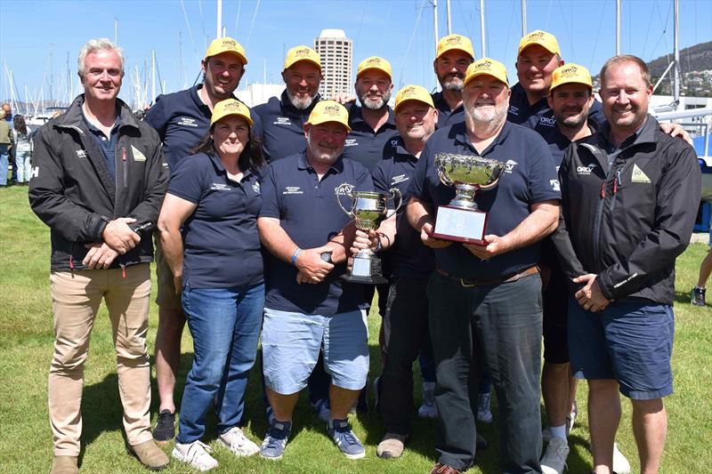 Faster Forward, winning the Edward Henty Trophy for second on AMS handicap and Simon Dryden holding the Robin Hewitt Trophy for achieving the milestone of 30 Westcoasters with ORCV Commodore Cyrus Allen and ORCV Race Director David Schuller - 2025 Melbou - photo © Jane Austin