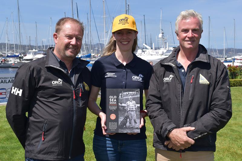 Katrina Hartman with ORCV Race Director Ravid Schuller (L) and ORCV Commodore Cyrus Allen (R) - 2025 Melbourne to Hobart Yacht Race - photo © Jane Austin