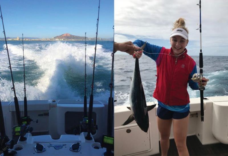 Left: Deja Vu's game fishing chair ready for action at a local game fishing tournament. Right: Suzy and Roger's eldest daughter Kayla catches a tuna in a game fishing tournament – and wearing her favourite Riviera jacket. - photo © Riviera Australia