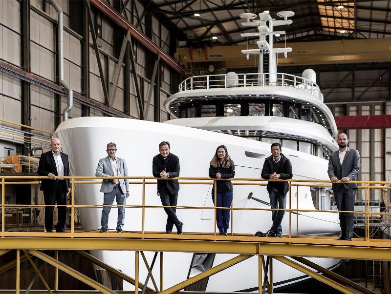 Pictured from left to right: François Zuretti, Andrew Tree, Espen Oeino, Rose Damen, Jeremy Staddon and Daan Langezaal - photo © Amels/Damen Yachting