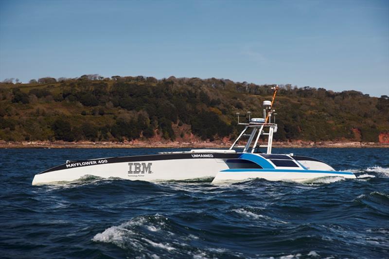 The Mayflower Autonomous Ship (MAS), powered by Fischer Panda UK's electric drive system and generators, in sea trials earlier this year - photo © ProMare / IBM