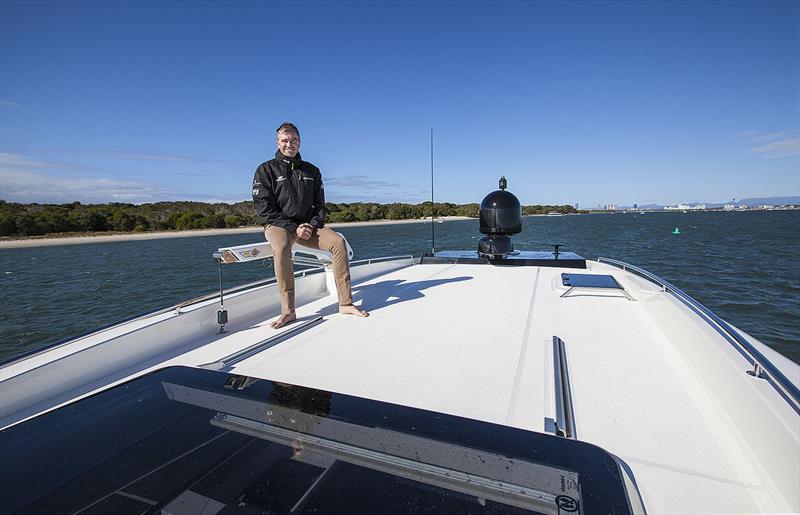 Up top on the Utility Deck of the Maritimo S55, and that davit can lift 350kg, and you can carry one metric tonne of gear there in total. photo copyright John Curnow taken at  and featuring the Power boat class