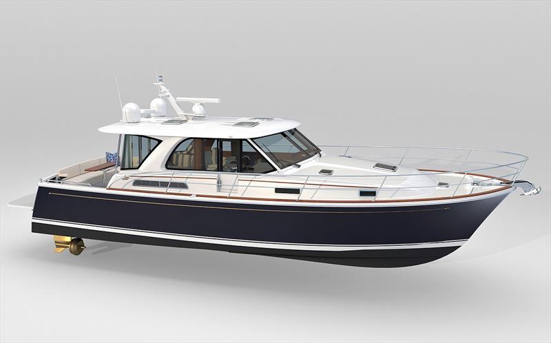 First reveal of new Sabre 43SE, which has clearly opted for pod drives, has a new coachhouse treatment, yet retains a traditional Downeast feel none the less. photo copyright Sabre Motor Yachts taken at  and featuring the Power boat class