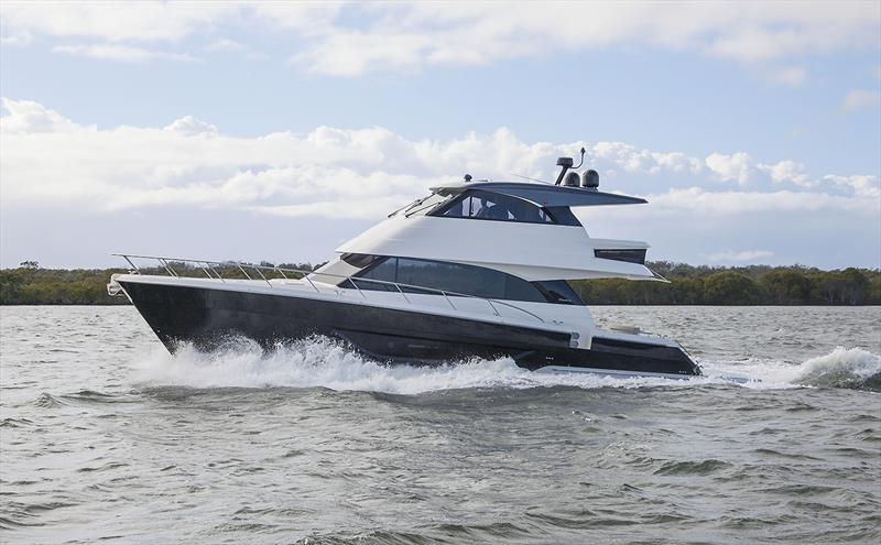 Hull#7 of Maritimo's new M55 series is off to the USA and sports this black paint job, gunwale doors, and also a pair of 1000hp donks to take her well into the mid 30s. photo copyright John Curnow taken at  and featuring the Power boat class