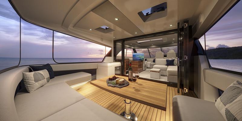Maritimio M60 Skylounge is vast, and is another complete and separate entertaining space - photo © Maritimo