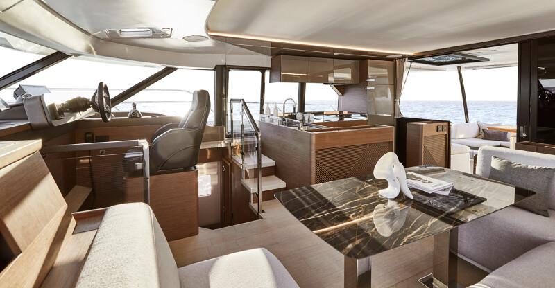 Helm, dinette, and galley - Prestige's new M48 powercat - photo © Prestige Yachts
