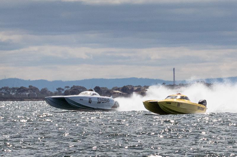 Superbad goes around the outside of The Sting - 2023 Offshore Superboat Championship - photo © Australian Offshore Powerboat Club