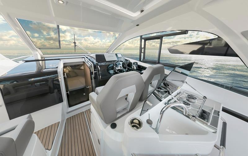 Great helm position, electric sunroof, cooktop, sink, refrigeration, dining settee, direct water access, and BBQ all within reach. nice. Better than nice. Beneteau Gran Turismo 32 - photo © www.imacis.fr Ludovic FRUCHAUD