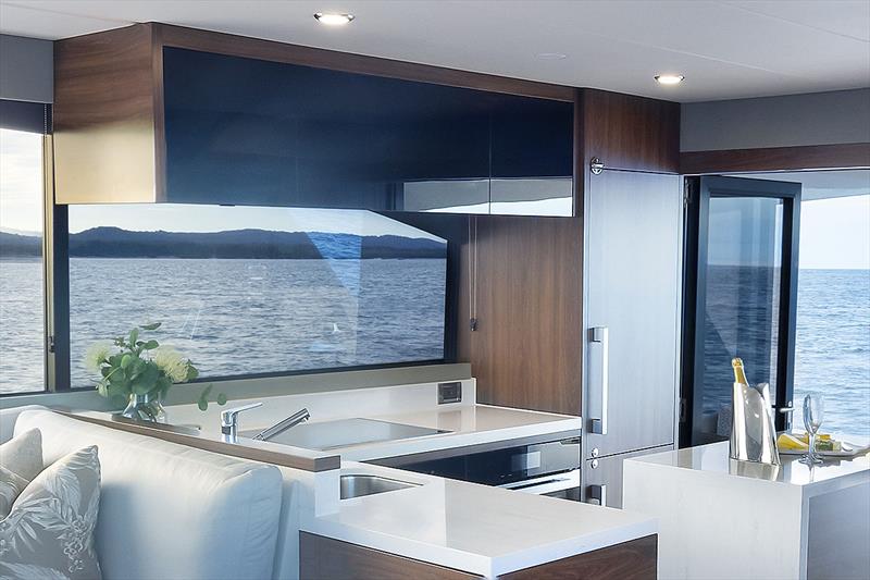 Tremendous enhancement - galley window on the Maritimo M600 Black Edition - photo © Maritimo