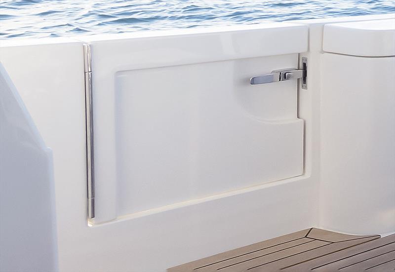 Inward swinging gunwale doors - Maritimo M600 Black Edition - photo © Maritimo