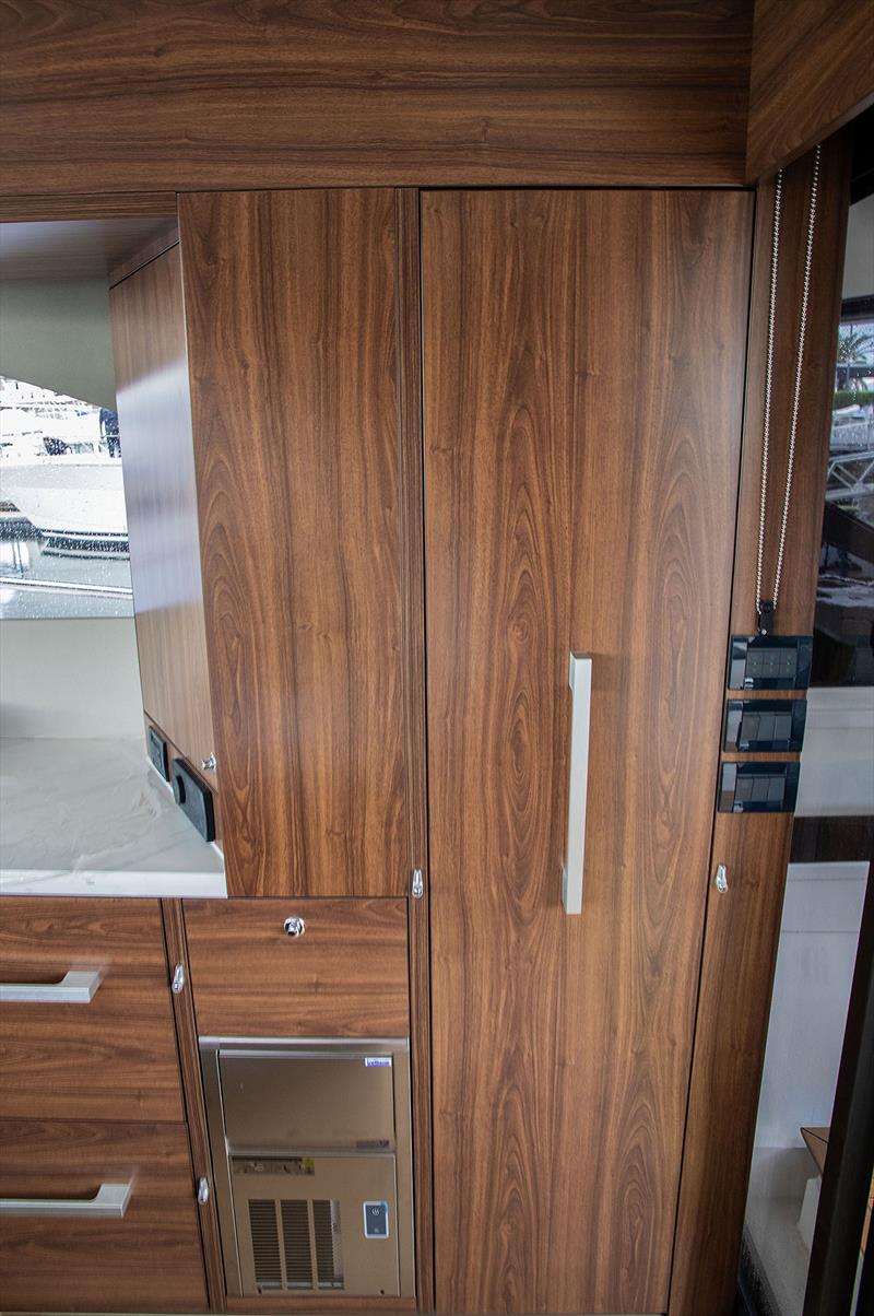 The Walnut cabinetry of Hull #2 of the S50 by Maritimo adds to the mystique of this craft - photo © John Curnow