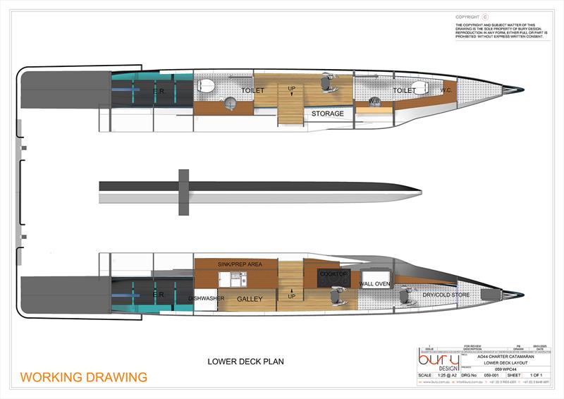 Lower deck configuration of the Resort version of the Pacifica 44 - photo © Bury Design