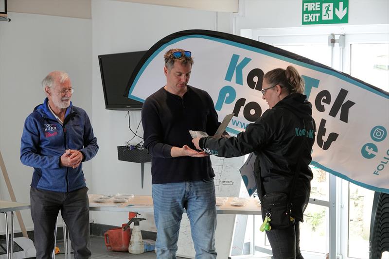 RSC's Patrick Clarke with winner Dave Buzzard presented with trophy by Kari-Tek's Gaynor Turner - Kari-Tek-sponsored RS Aero UK SW Area Championships photo copyright Miles Carden / Falmouth Harbour taken at Restronguet Sailing Club and featuring the RS Aero 7 class