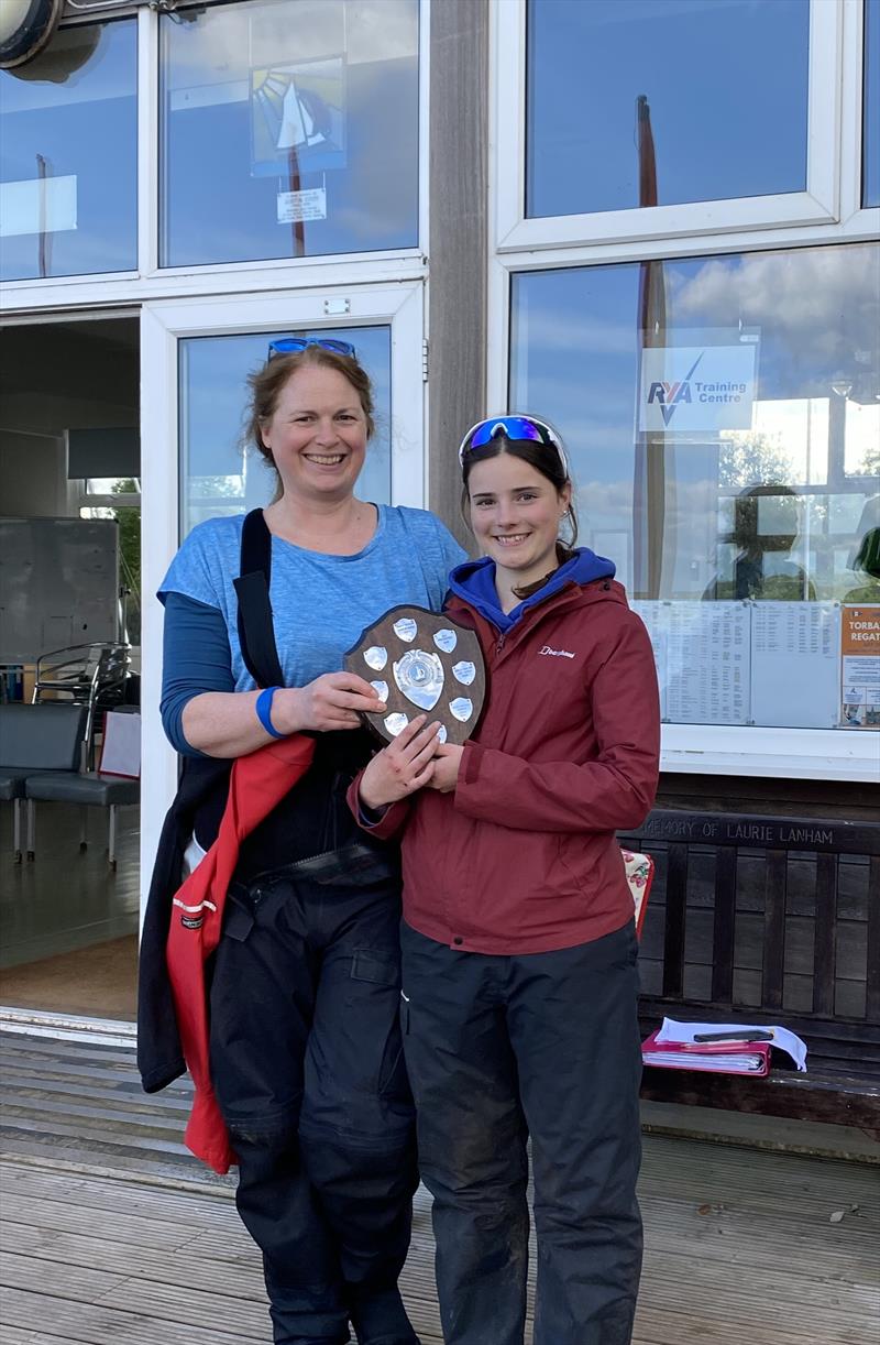 Polly collecting the Shield from SYC Chief Instructor Jane Hill on behalf of herself and Pip photo copyright Peter Solly taken at Starcross Yacht Club and featuring the RS Feva class