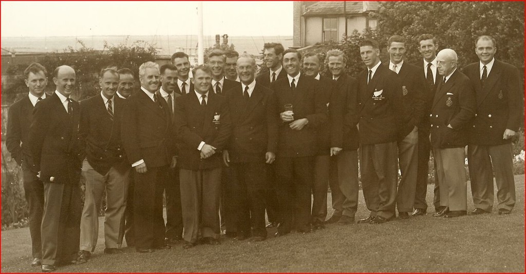 International 14 Ft. Dinghy Team Races in Cowes, Isle of Wight, UK. 1958 L-R: Gerald Parks, Geoff Smale (NZ), Bud Whittaker, CAN), “Bungy” McCrae (NZ), Uffa Fox (UK), Harry Jemmet (CAN), Jim Stephens (CAN), Ian Pryde (NZ), ???, Bruce Kirby (CAN), Stewart Morris (UK), Michael Pope (UK), Mike Peacock (UK), Ray Simich (NZ), Keith Shackleton (UK), Ralph Roberts (NZ), Doug Roberts (CAN), Ron Watson(NZ), Harvey Bongard (CAN),  Paul Henderson (CAN) photo copyright SW taken at  and featuring the  class