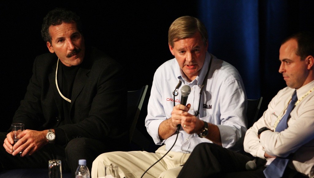 Tom Ehman makes a point at the World Yacht Racing Forum. L-R Paul Cayard, Olympic, Volvo and America&rsquo;s Cup Skipper, Tom Ehman BMW Oracle, head of external affairs and Stephan Kandler, K-Challenge. photo copyright onEdition http://www.onEdition.com taken at  and featuring the  class