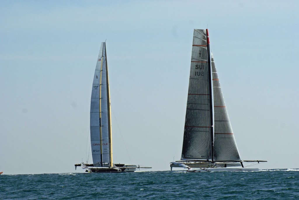 Alinghi 5 and USA-17 at a critical moment on Leg 1 of Race 1, 2010 America's Cup - photo © Richard Gladwell www.photosport.co.nz