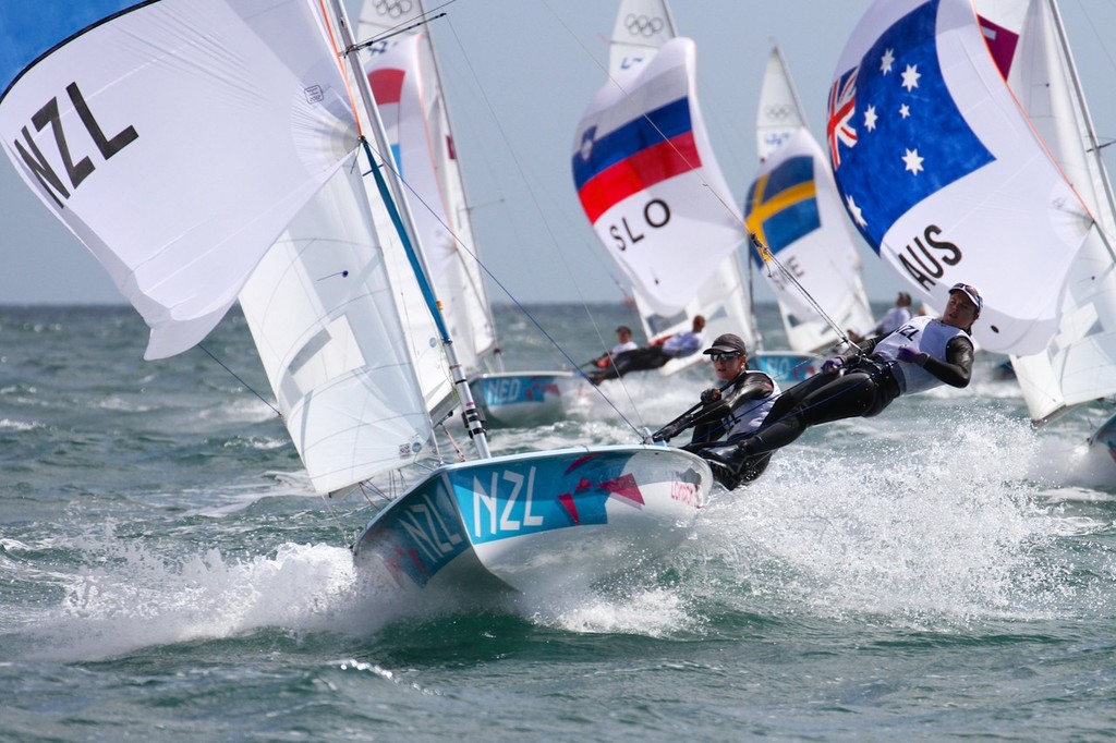 Team Jolly blasting to the finish line on the Weymouth Bay course - 2012 Olympic regatta photo copyright Richard Gladwell www.photosport.co.nz taken at  and featuring the  class