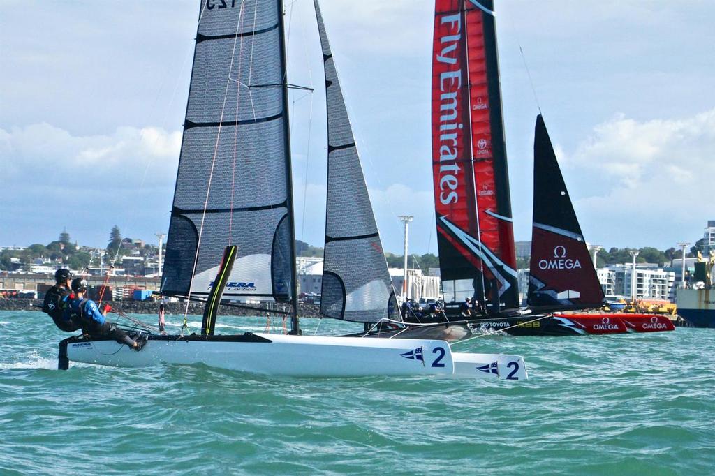 RNZYS Youth program Nacra 20 lines up against the adults - Emirates Team NZ returning from a Test Sail - Dec 6, 2016 - photo © Richard Gladwell www.photosport.co.nz