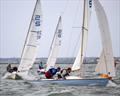© David Maynard / www.alleycatphotographer.com Whisper, Sail number 40 (Paul Wilkinson & Craig Beech) followed around the spreader by Wild Gull, sail number, 29, Zeus, sail number 14, on Sunday during the Sandhopper Nationals at Thorpe Bay © David Maynard / www.alleycatphotographer.com