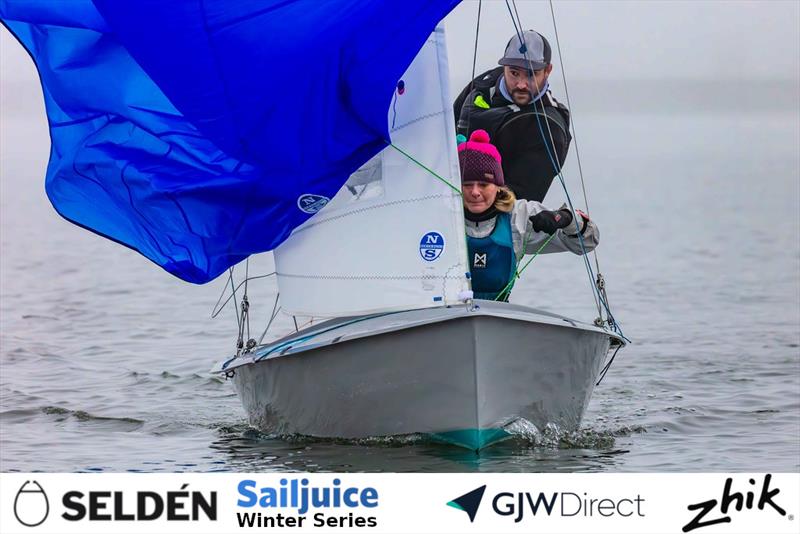 Tom Gillard and Rachael Gray win the Seldén Sailjuice Winter Series Fernhurst Books Draycote Dash photo copyright Tim Olin / www.olinphoto.co.uk taken at Draycote Water Sailing Club and featuring the Scorpion class