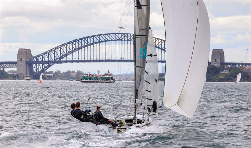 Belmont's Swell Racing (Matt Meaney) early leader in the Manly 16ft Skiff Sailing Club Port Jackson Championship  photo copyright SailMedia taken at Manly 16ft Skiff Sailing Club and featuring the 16ft Skiff class